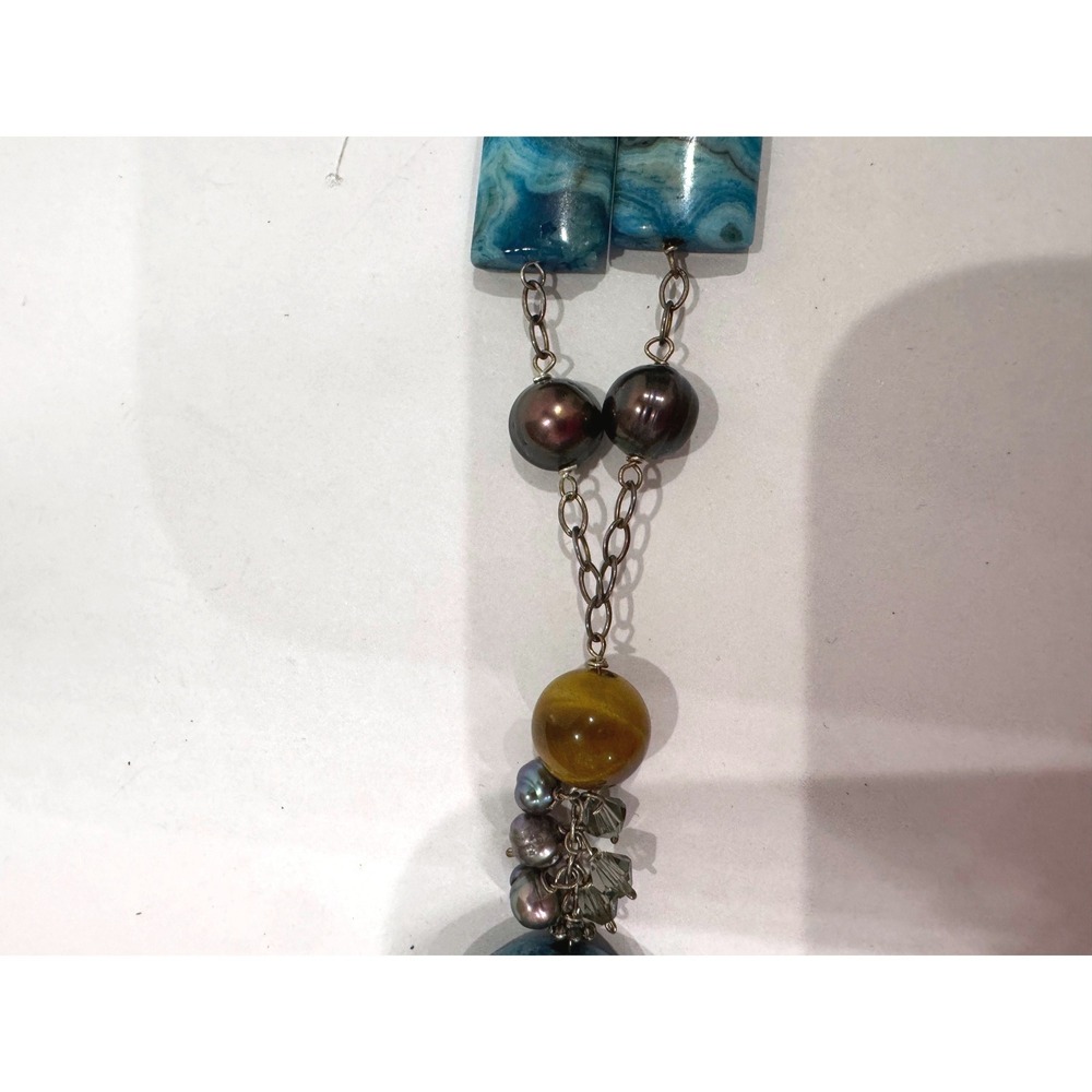 Boho Blue Agate Stone Necklace & Earrings Set Tiger Eye Pearl‎ Beaded Statement - Picture 5 of 9